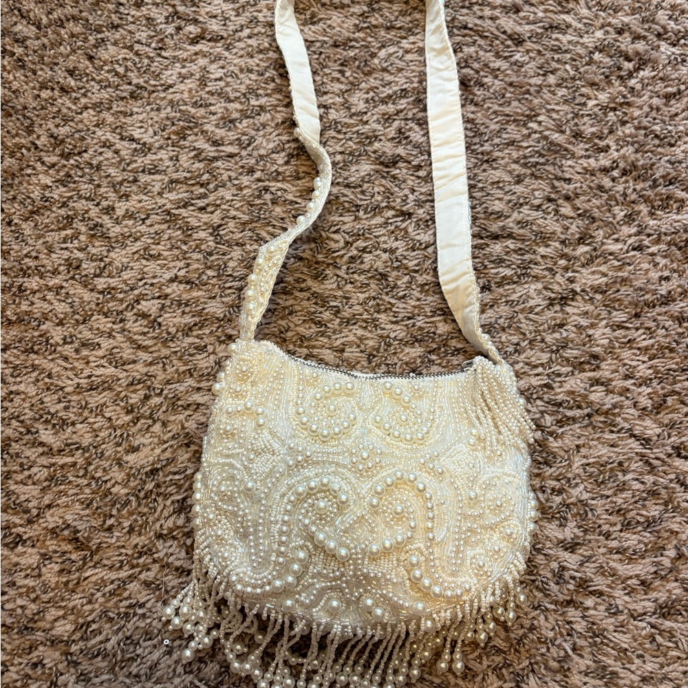 Chic Cream Beaded Crossbody Bag